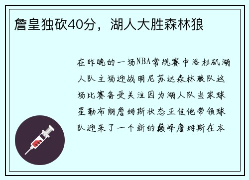 詹皇独砍40分，湖人大胜森林狼